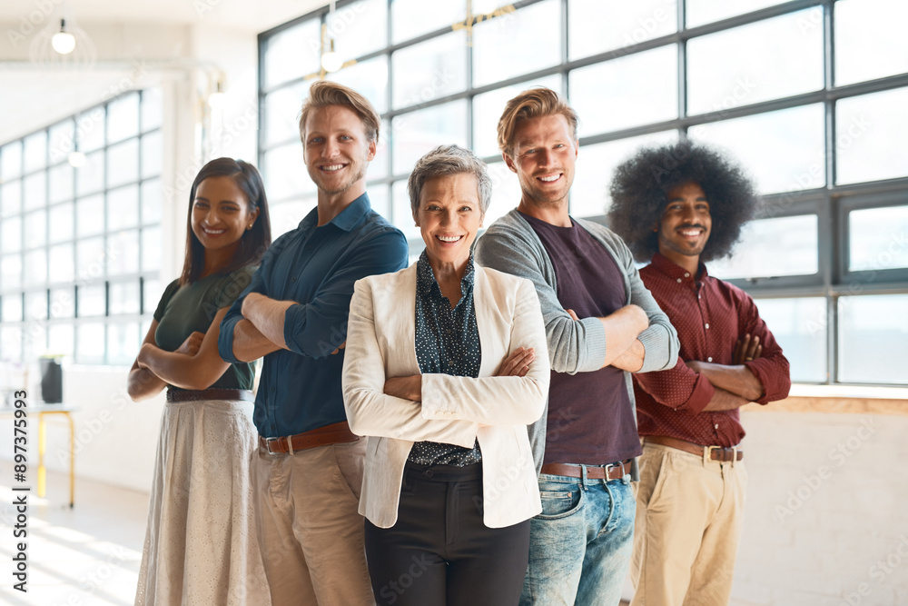 Poster Business people, team portrait and arms crossed for creative solidarity, trust and diversity in office. Design employees, women and men with pride for collaboration, about us and workplace inclusion