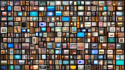 A curved wall is composed of hundreds of digital screens, each displaying various types of information, including data visualizations, images, and icons