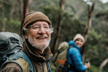 Fototapeta premium Photo of a senior couple hiking on a nature trail, smiling and holding walking poles. Hiking and outdoor adventure concept. 