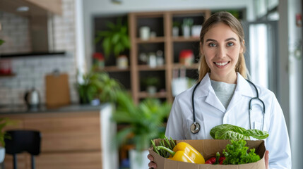 Nurse returning home from work with groceries