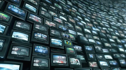 A curved wall is composed of hundreds of digital screens, each displaying various types of information, including data visualizations, images, and icons