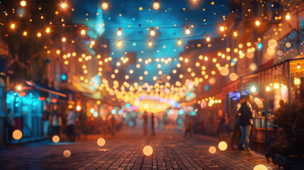 Warm evening cityscape with festive string lights illuminating a lively street market, capturing the enchanting atmosphere of a nighttime celebration.