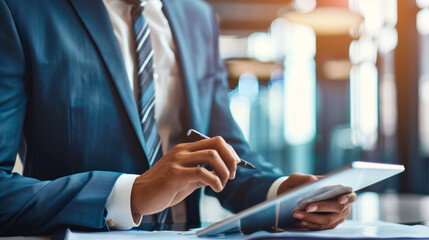 Real estate agent using digital tablet in modern office