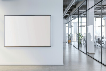Modern office interior with blank whiteboard and glass-walled conference room, ideal for presentations and collaborative work environment.