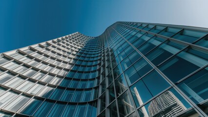 A tall building with a glass front and windows on the side, AI