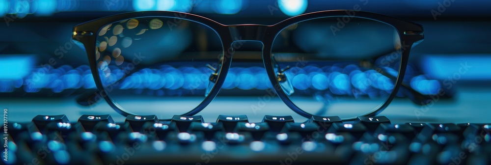 Aufkleber a pair of black eyeglasses resting on a computer keyboard in front of a computer screen with a blue 