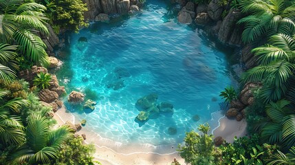 Obraz premium Aerial view of a serene tropical lagoon surrounded by lush greenery and rocky cliffs. The clear blue water reveals underwater rocks and the sandy shore is partially shaded by palm trees.