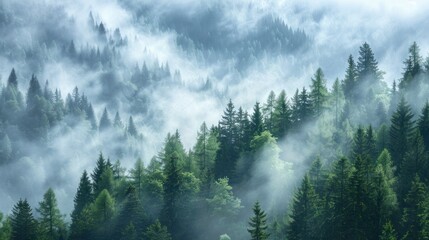 Fototapeta premium Misty Pine Forest on the Mountain