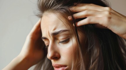 woman very sad and upset looking at damaged hair, hair loss, hair thinning problem, vitamin deficiency, baldness, postpartum, biotin, zinc, menstrual or endocrine disorders, hormonal imbalance