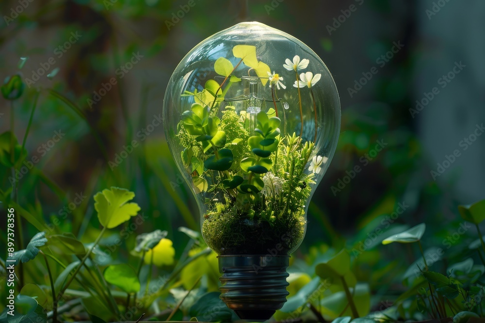 Sticker Light bulb terrarium filled with vibrant greenery, representing ecological sustainability and innovation.