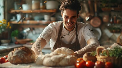 Fototapeta premium Realistic view of a baker kneading dough in a cozy kitchen high-definition detail