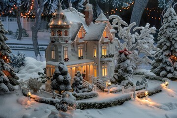 Obraz premium Miniature victorian house model is covered in snow and decorated with christmas lights