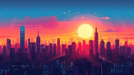 Fototapeta premium Illustration of a vibrant city skyline at sunset, showcasing colorful skyscrapers and a glowing sun, creating a stunning urban scene.