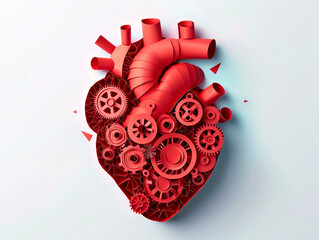 Heart medical paper cut illustration. Health day concept. Human organ engine, mechanical motor origami design with gear wheels.