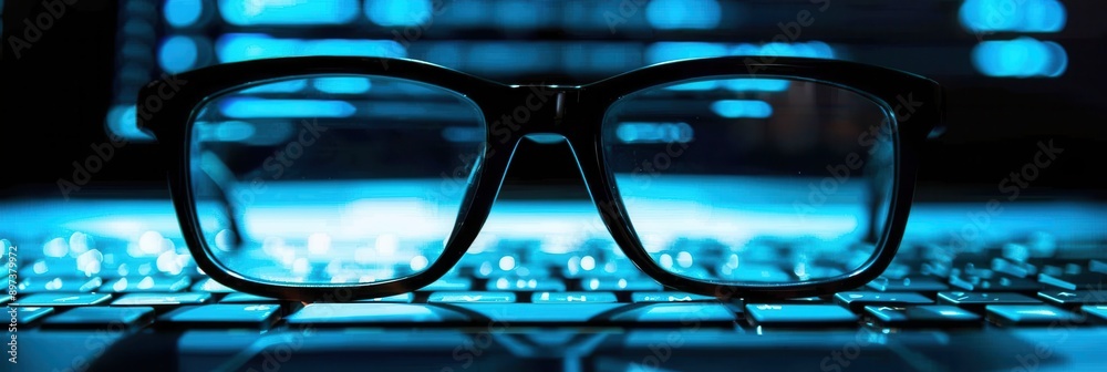 Leinwandbilder eyeglasses rest on a laptop keyboard, with a blue glow emanating from the screen behind. generative 