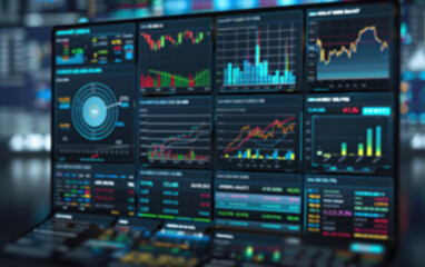 Close-up of a digital stock market dashboard displaying various financial charts and indicators on multiple screens, highlighting market trends.