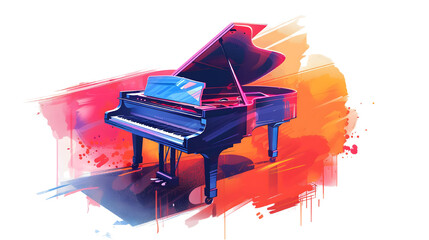 Vibrant artistic illustration of a grand piano on a colorful background, perfect for music-themed projects.