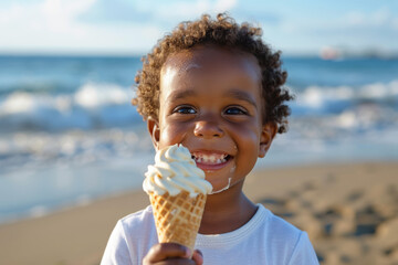 Joyful child enjoying vanilla ice cream cone on a sunny beach day, with the ocean waves in the background.