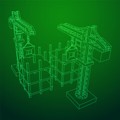 Construction crane tower. Building under construction industrial concept. Wireframe low poly mesh vector illustration.