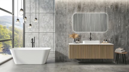 A white freestanding tub in a large bathroom with a view of a grassy field. Wooden vanity with drawers and round mirror are nearby