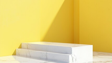 yellow pastel background, white marble showcase platform, professional photo, flat lighting
