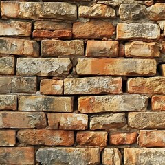 Obraz premium Close-up of an old, weathered brick wall with varying shades and shapes of red bricks in layers creating depth. Rough texture shows natural variations.