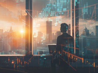 Businessman Looking at Cityscape with Digital Overlay