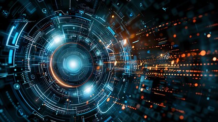 Obraz premium Futuristic digital interface with glowing lines and circles.