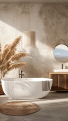 A white freestanding tub in a large bathroom with a view of a grassy field. Wooden vanity with drawers and round mirror are nearby