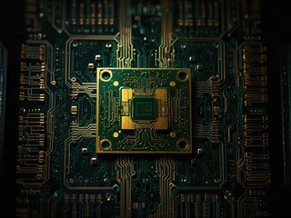 Fototapeta premium Dark Background, Bright Future: Close-Up of a Quantum Chip, Quantum Revolution, Computer, Circuit, Technology, Board, Chip, Electronics