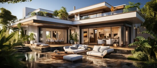 Obraz premium modern villa with open living room with small terrace