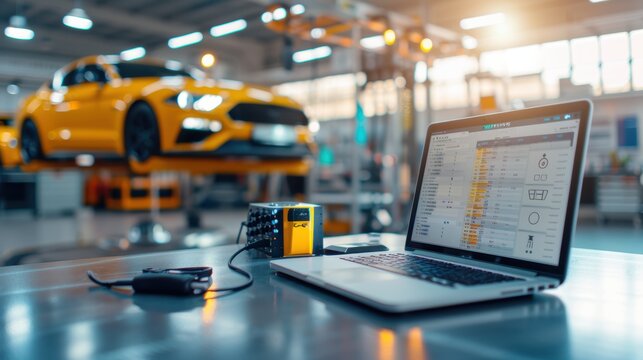Computer showing diagnostic software analyzing yellow sports car on lift in a modern repair shop