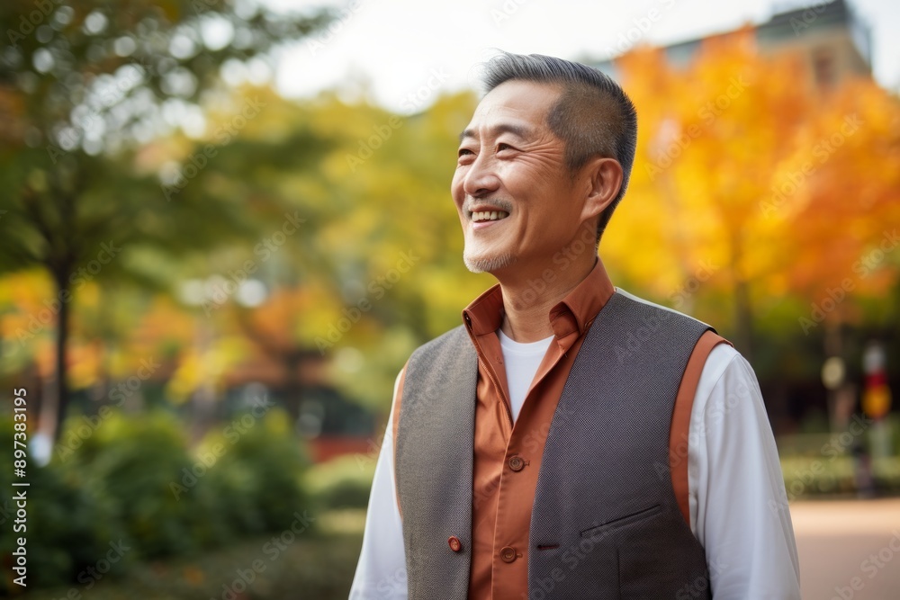 Sticker portrait of a cheerful asian man in his 50s dressed in a polished vest while standing against vibran