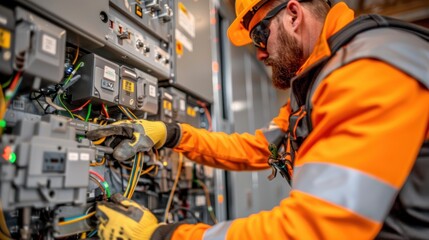 Fototapeta premium Electrician working on electrical panel connecting wires