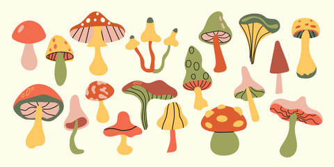 Mushrooms set. Whimsical cute mushrooms. Autumn set of hand drawn cute design elements. Fall, Thanksgiving Day, Autumn season.
