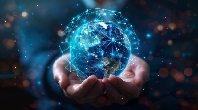 Depiction of human hands holding a digitally connected globe, symbolizing a global network enabled by technology