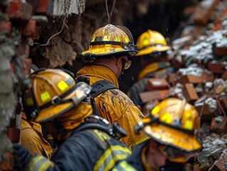 Fototapeta premium Emergency Response Team of Firefighters and Paramedics Rescuing Patient from Collapsed Building
