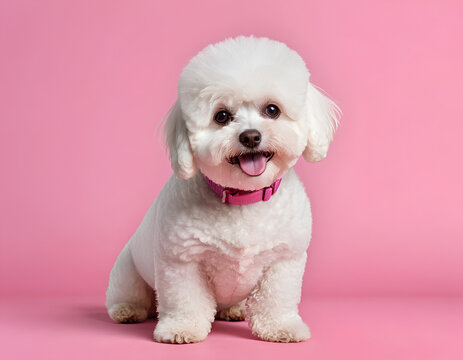 A puppy of the bichon frize breed on a pink background