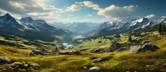 Fototapeta premium mountain meadow with morning light atmosphere. rural landscape with valley