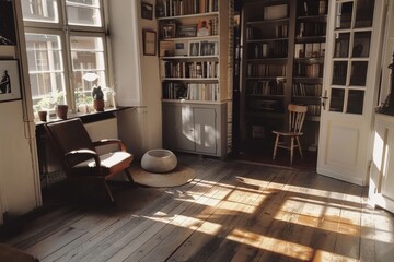 Fototapeta premium Cozy library nook with sunlight streaming through large windows, creating a warm and inviting reading space with bookshelves and comfortable seating.
