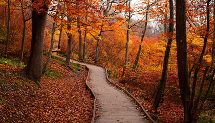 Naklejka premium 紅葉と散歩道 背景画像 Generative AI