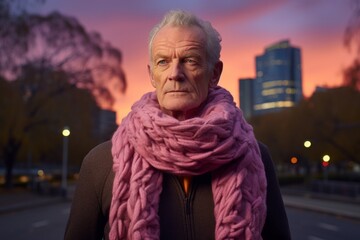 Naklejka premium Portrait of a tender man in his 70s showing off a thermal merino wool top over vibrant city park