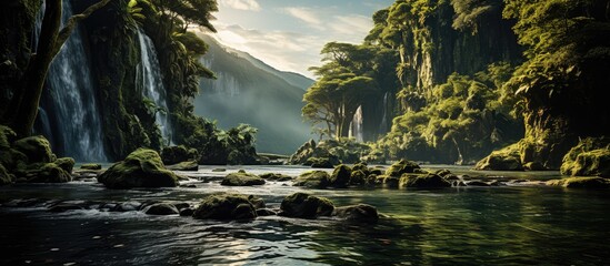 mountain with waterfall in tropical forest