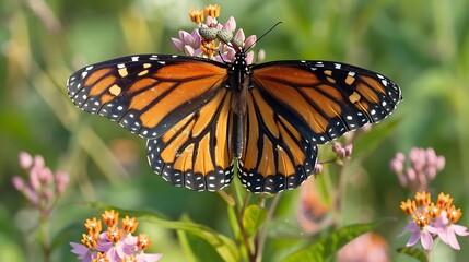 Naklejka premium A beautiful monarch butterfly perched gracefully on vibrant flowers, showcasing nature's delicate harmony and vivid colors.