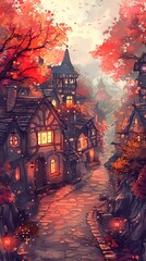 Obraz premium A watercolor illustration of an autumn evening in a charming village with colorful leaves and cozy houses. Concept of autumn scenery, village life, seasonal change, and picturesque landscape. Vertical
