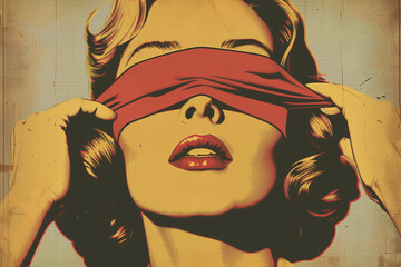 vintage illustration of woman with red blindfold