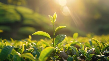 Green Tea Leaves Rises Higher Than Other Tea Bushes at Tea Field
