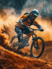 Naklejka premium A professional cyclist races down a dusty mountain trail on an enduro bike. Generative AI