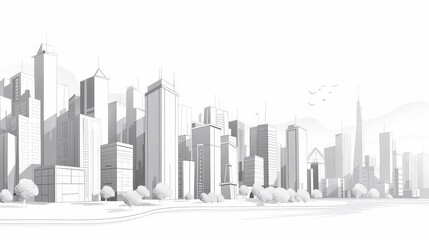 A cute cartoon Style ofA monochrome cityscape with modern, geometric buildings