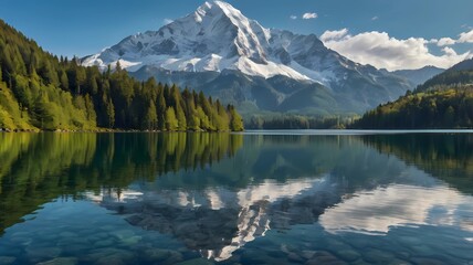Fototapeta premium A serene and picturesque nature scene featuring a crystal-clear mountain lake surrounded by lush green forests and snow-capped peaks.